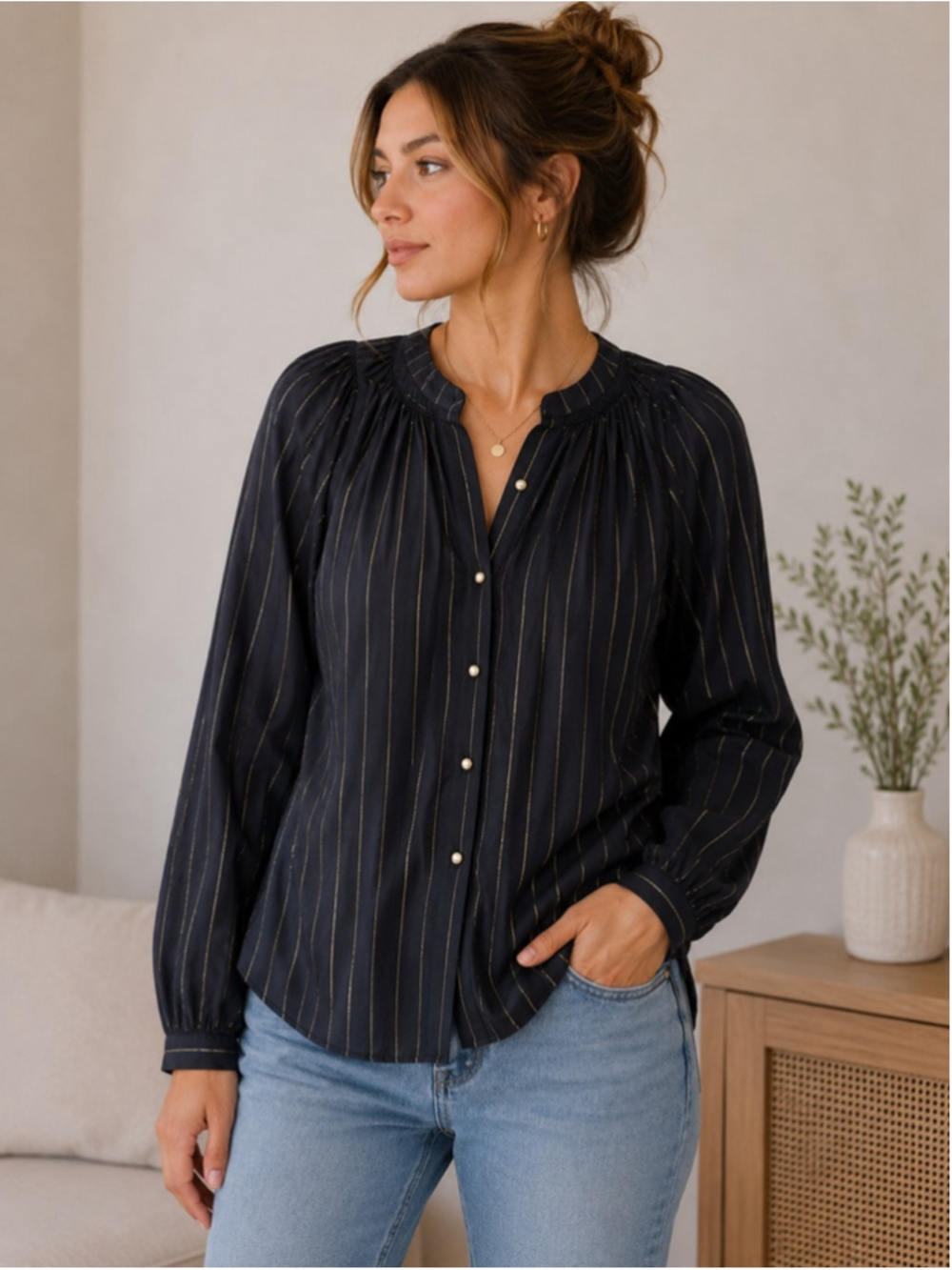 Women's ANNA CATE Black Gold Striped Blouse Size S Summer
